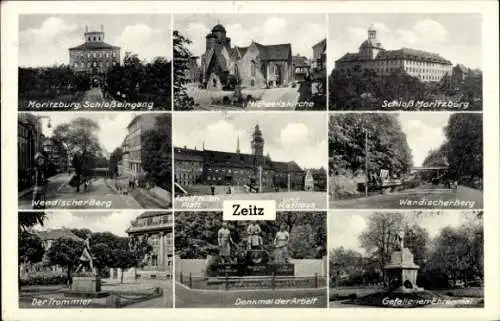 Ak Zeitz an der Weißen Elster im Burgenlandkreis, Schloss Moritzburg, Kirche, Rathaus, Denkmal