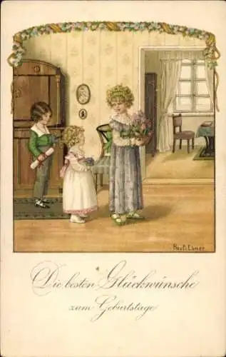 Künstler Ak Ebner, P., Gratulanten mit Geschenken, Blumenstrauß
