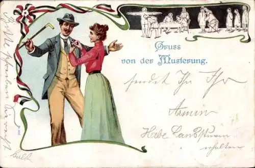 Litho Gruß von der Musterung, Sodlaten, Frau