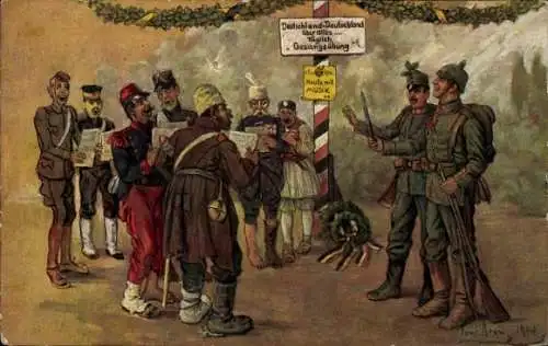 Künstler Ak Aram, Toni, Deutschland über alles, Gesangsübung mit Kriegsgefangenen, 1914
