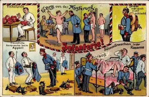 Litho Tauglich zur Infanterie, Flickstunde, Musterung, Freundliche Ansprache beim Appell