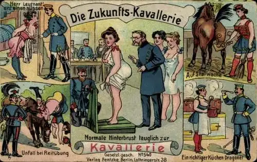 Litho Zukunfts-Kavallerie, Humor, Unfall bei Reitübung, Normale Hinterbrust tauglich zur Kavallerie
