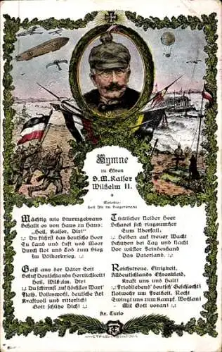 Ak Hymne zu Ehren Kaiser Wilhelm II., Mächtig wie Sturmgebraus, Schlachtszene, Zeppelin