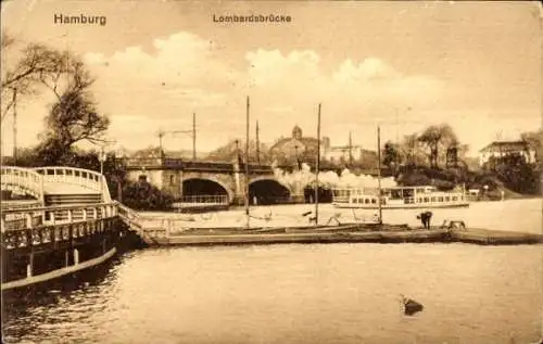 Ak Hamburg Mitte Altstadt, Lombardsbrücke, Wasserwege, Schiffe, Bäume,  Atmosphäre