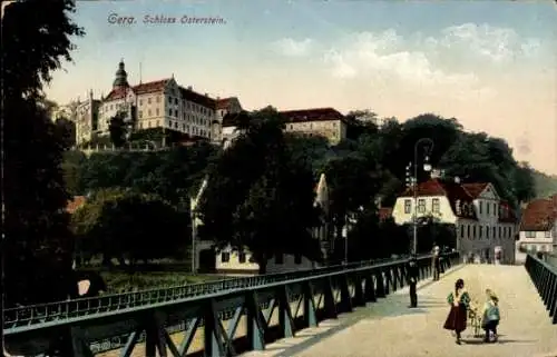 Ak Gera in Thüringen, Schloss Osterstein, Brücke, Gebäude, Bäume