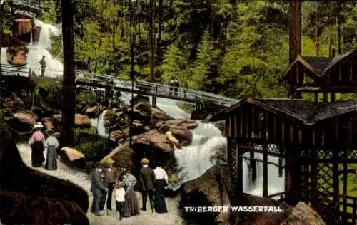 Ak Triberg im Schwarzwald, Triberg Wasserfall, Wald, Brücke, Menschen in n Kleidern