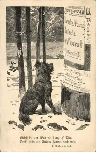 Künstler Ak Hund an der Litfaßsäule sitzend, Reim