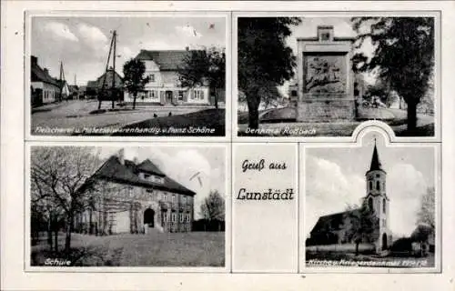 Ak Lunstädt Braunsbedra im Saalekreis, Fleischerei Schöne, Denkmal Roßbach, Schule, Kriegerdenkmal