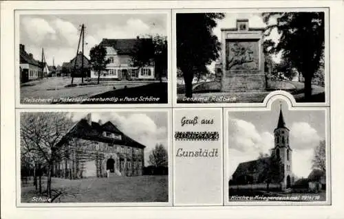 Ak Lunstädt Braunsbedra im Saalekreis, Fleischerei Franz Schöne, Denkmal Roßbach, Schule, Kirche