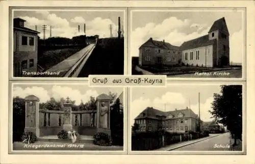 Ak Großkayna Braunsbedra Saalekreis, Transportband, Kirche, Schule, Kriegerdenkmal