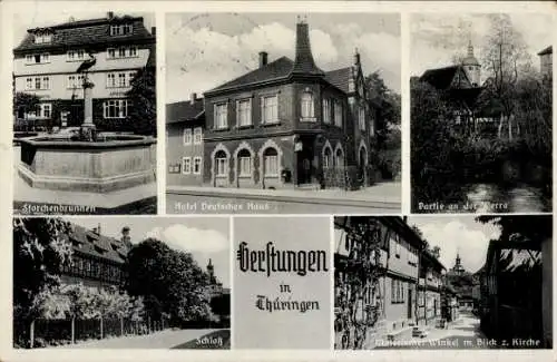 Ak Gerstungen in Thüringen, Storchenbrunnen, Hotel Deutsches Haus, Schloß, Partie an der Werra, B