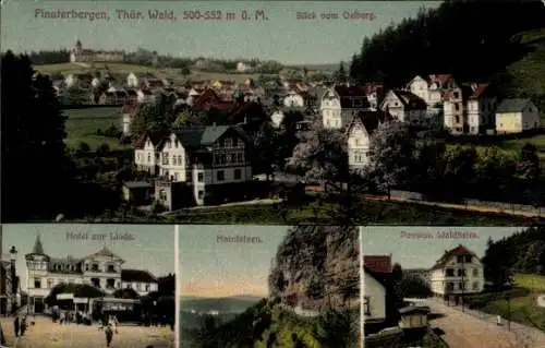 Ak Finsterbergen Friedrichroda Thüringer Wald, Hotel zur Linde, Pension Waldheim, Hainfelsen