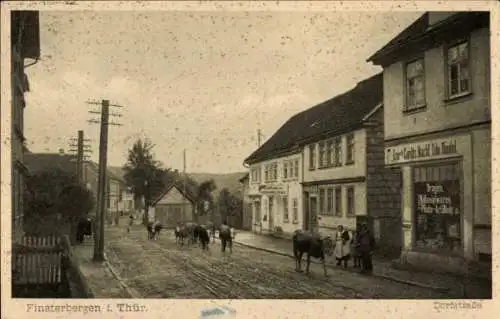 Ak Finsterbergen Friedrichroda im Thüringer Wald, Dorfstraße, Geschäft Ernst Cordts, Otto Riedel