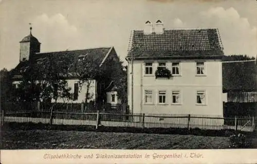 Ak Georgenthal in Thüringen, Elisabethkirche, Diakonissenstation, Fachwerkhaus, ländliche Umgebun