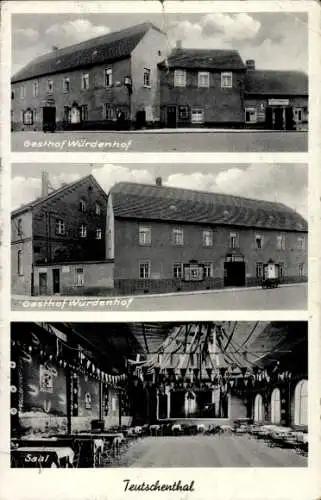 Ak Teutschenthal im Saalekreis, Gasthof Würdenhof, Fotos vom Gasthof, Saal, traditionelle Archite