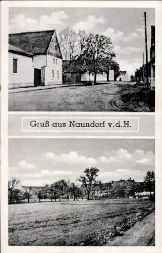 Ak Naundorf in Sachsen, Vorderseite der  mit Häusern, Bäumen, Wolken, Beschreibung 'Gruß aus Naun