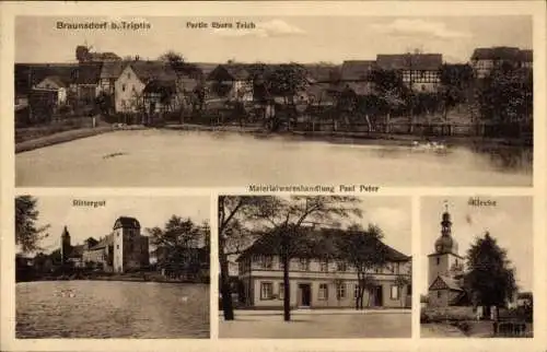 Ak Braunsdorf Auma in Thüringen, Teilansicht, Kirche, Rittergut, Geschäft Paul Peter