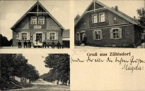 Ak Zühlsdorf Mühlenbecker Land Oberhavel, Gasthof, Gruß aus  Menschen sitzen, Straßenansicht