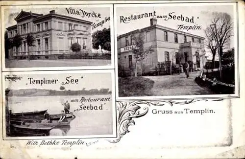 Ak Templin in der Uckermark, Villa Jhrcke, Restaurant zum Seebad, Templiner See, Gruss aus Templi