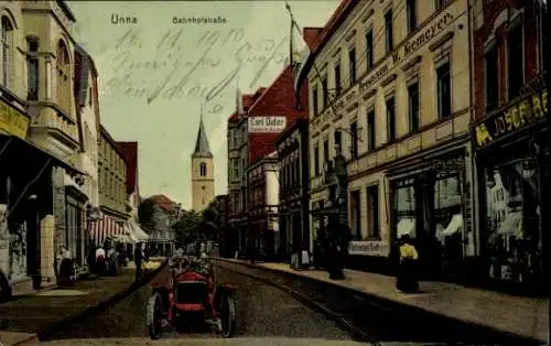 Ak Unna in Westfalen, Bahnhofstraße, Stadtansicht,  Architektur, vintage Auto