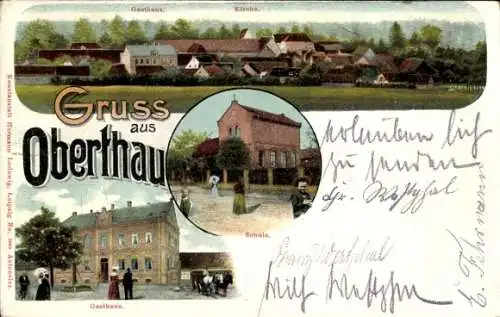 Ak Oberthau Ermlitz Schkopau Saalekreis, Gruss aus  Gasthaus, Kirche, Schule, bunte 