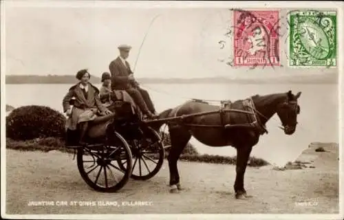 Ak Killarney Irland, Jaunting Car at Dinis Island