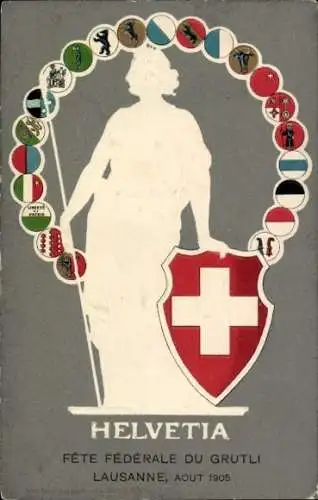 Präge Wappen Ak Helvetia, Schweiz, Nationalallegorie, Kantonswappen