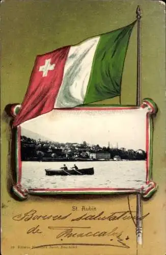 Passepartout Ak Saint Aubin Sauges Kanton Neuenburg, Gesamtansicht, Ruderboot, Flagge