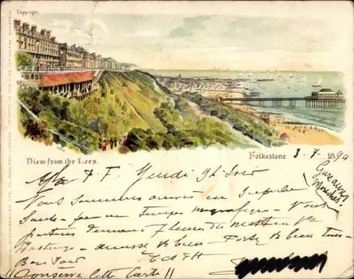 Litho Folkestone Kent England, View from the Lees