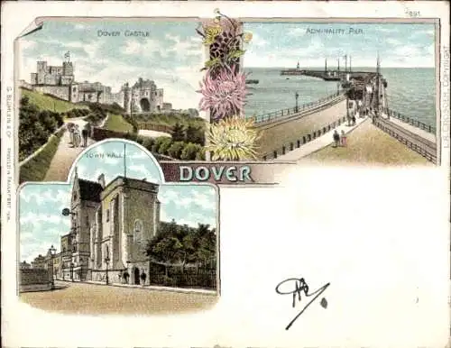 Litho Dover Kent England, Castle, Admiralty Pier, Town Hall