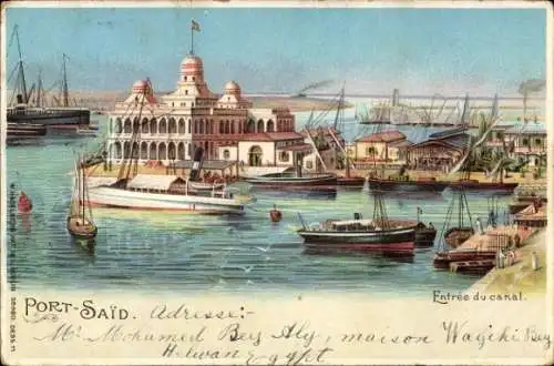 Litho Port Said Ägypten, Hafen, Einfahrt zum Suez-Kanal