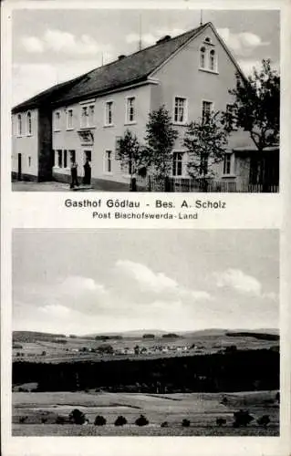 Ak Gödlau Rauschwitz Elstra Oberlausitz, Gasthof Gödlau, Bes. A. Scholz, Panorama
