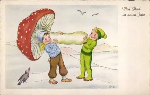Ak Neujahr, Kinder mit Fliegenpilz