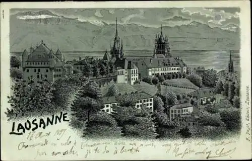 Mondschein Litho Lausanne Kanton Waadt Schweiz, Panorama