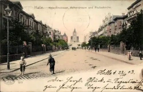 Ak Halle an der Saale,  Heinrichstrasse, Kaiserstrasse, Pauluskirche, Stadtansicht