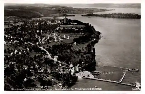 Ak Konstanz am Bodensee, Luftaufnahme von  Insel Mainau, Fährhafen, Jugendherberge