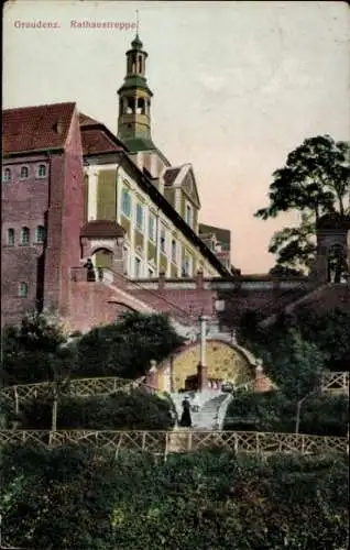 Ak Grudziądz Graudenz Westpreußen, Rathaustreppe,  farbige ,  Architektur