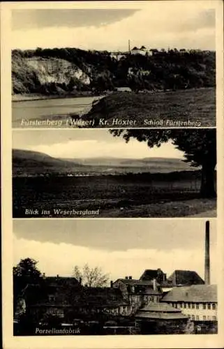 Ak Fürstenberg an der Weser, Fürstenberg Schloss, Blick ins Weserbergland, Porzellanfabrik