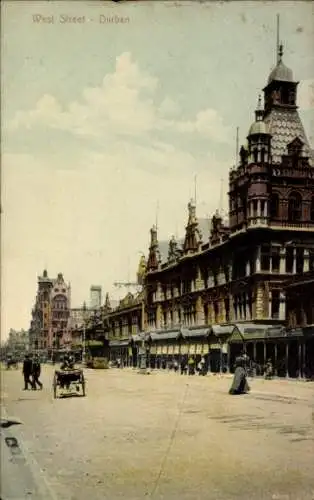 Ak Durban Südafrika, West Street,  Architektur, belebte Straße, Fahrzeuge, Passanten