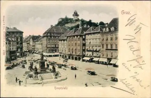 Ak Graz Steiermark, Hauptplatz, alte Architektur, Brunnen in der Mitte, Hügel im Hintergrund