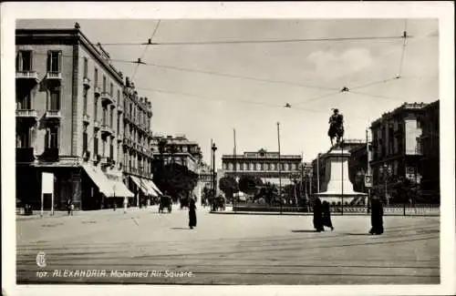 Ak Alexandria Ägypten, Mohamed Ali Platz, Stadtansicht, Statue,  Architektur
