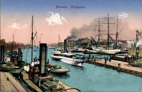 Ak Hansestadt Bremen,  Freihafen, Hafenansicht, Schiffe,  Atmosphäre