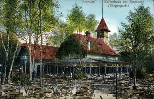 Ak Schnoor Bremen, Kaffeehaus am Emmasee, Bürgerpark,  malerische Ansicht,  