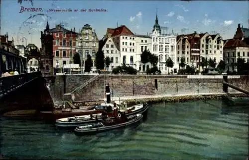 Ak Schnoor Bremen, Weserpartie, Schlachte, Gebäude, Hafen, Schiff