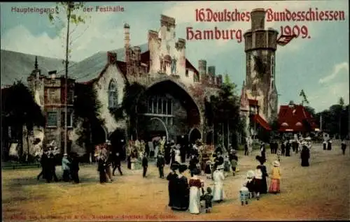 Ak Hamburg Mitte Altstadt, Haupteingang der Festhalle, 16. Deutsches Bundesschiessen, 1909, Perso