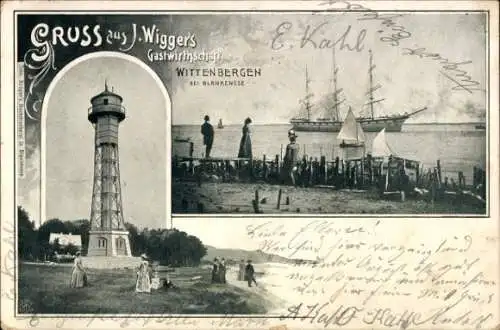 Ak Hamburg Rissen, Leuchtturm, Wittenbergen, Segelschiff, Dreimaster, J. Wigger's Gastwirtschaft