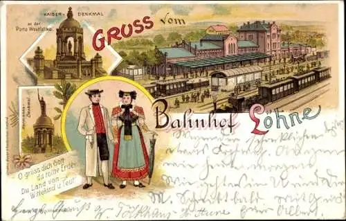 Ak Löhne in Westfalen, Bahnhof  Kaiser Denkmal, Personen in traditioneller Kleidung