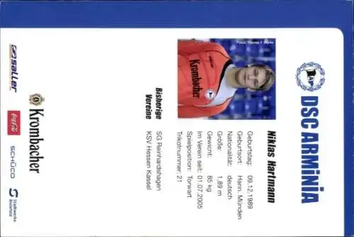 Autogrammkarte Fußballer Niklas Hartmann, DSC Arminia, Autogramm