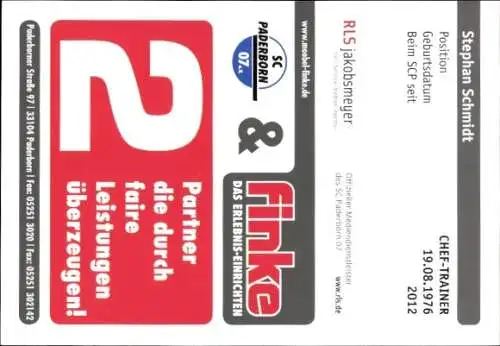 Autogrammkarte Cheftrainer Stephan Schmidt, SC Paderborn 07, Autogramm