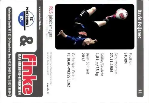 Autogrammkarte Fußballer David Poljanec, SC Paderborn 07, Autogramm